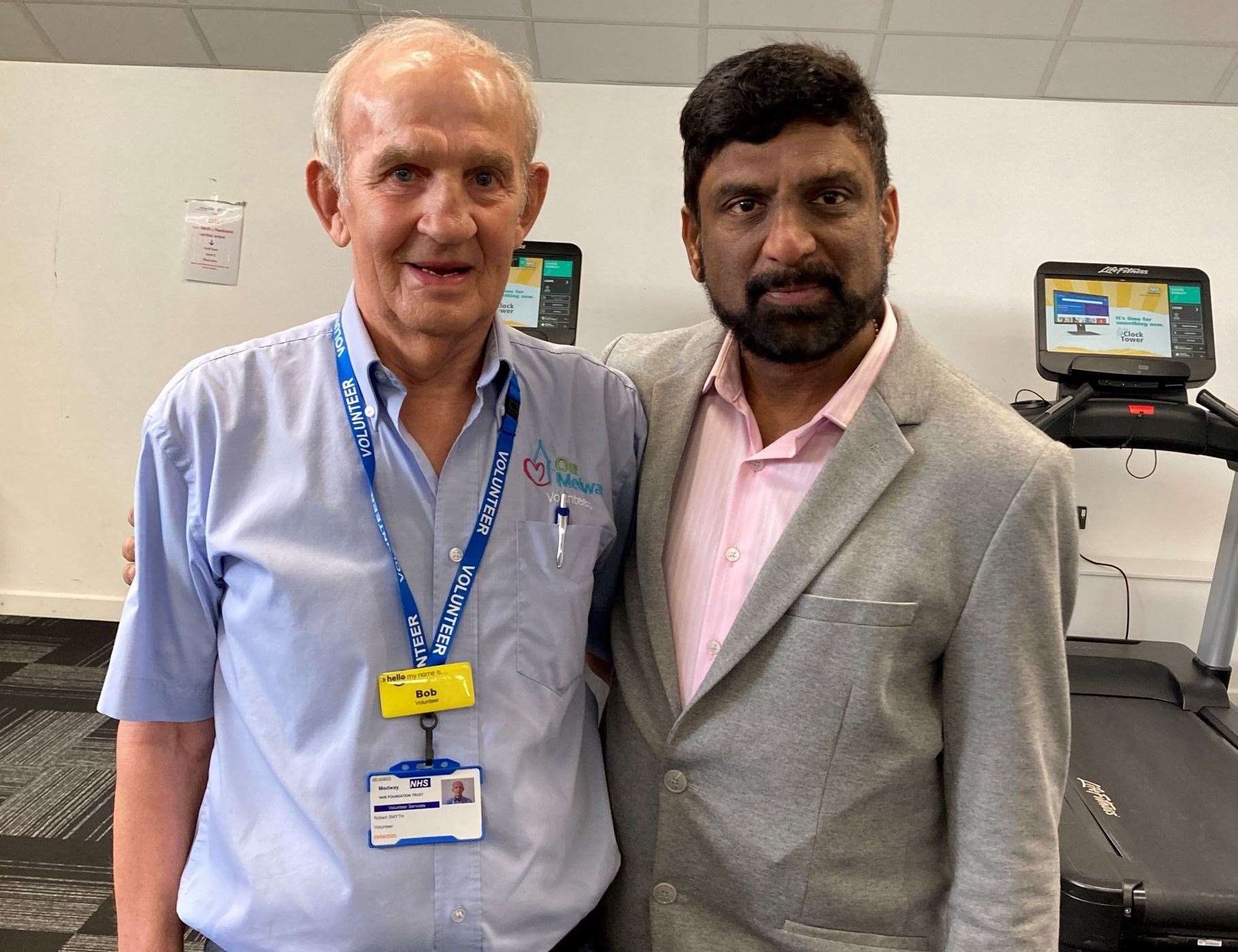 Doctor Srinivas Vinjamuri, right, discovered Bob, left, after he put his head round the door to see who was using the staff gym. Photo: Medway NHS Foundation Trust