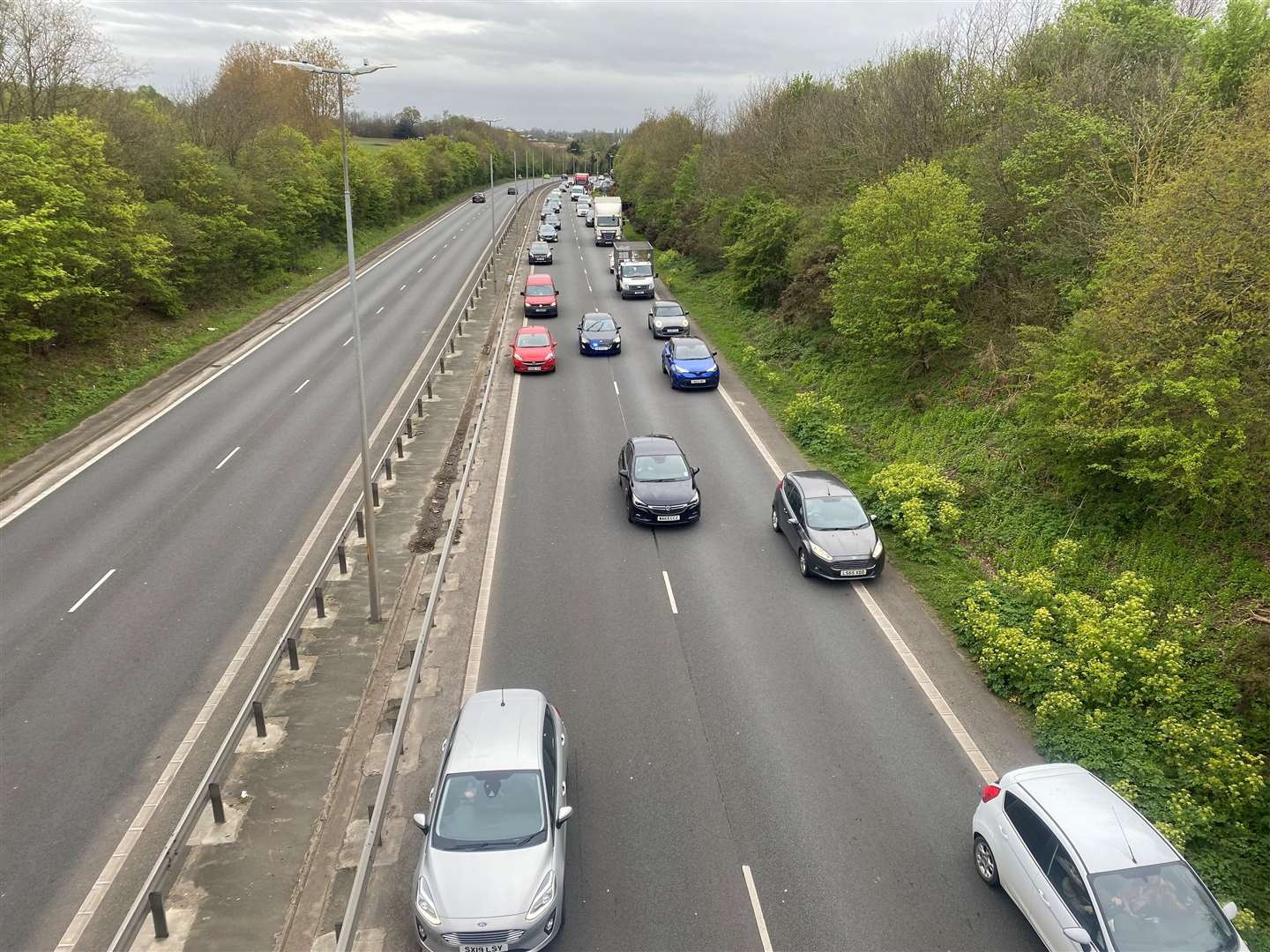Traffic builds on the A299 Thanet Way as motorists approach the contraflow near Dargate