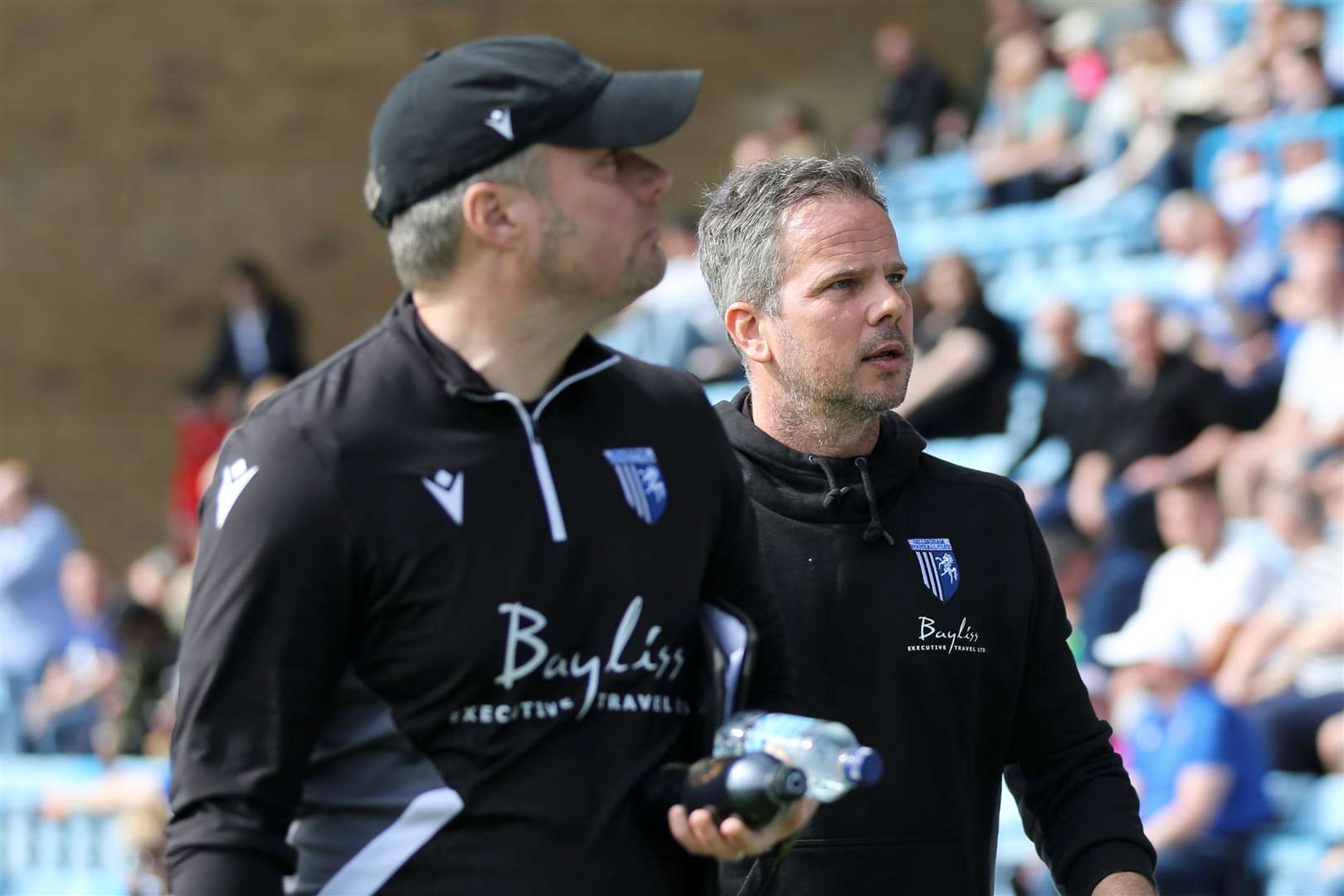 Gillingham head coach Stephen Clemence with assistant Robbie Stockdale on Saturday Picture: @KPI_Julian