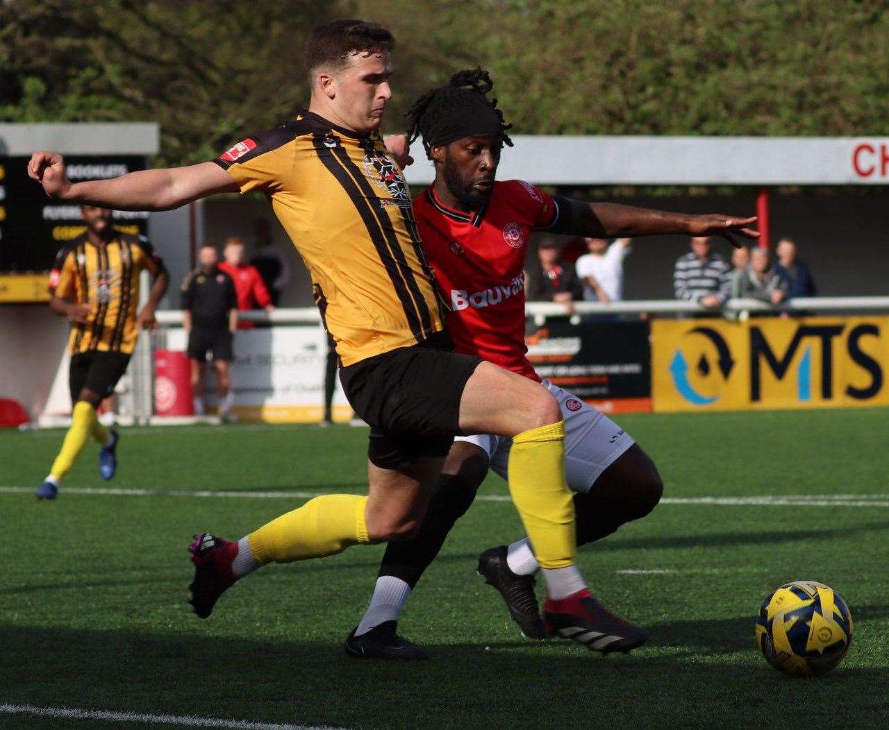 Will Moses does his defensive duties for Folkestone in their weekend 2-0 Isthmian Premier derby defeat at Chatham. Picture: Max English (@max_ePhotos)
